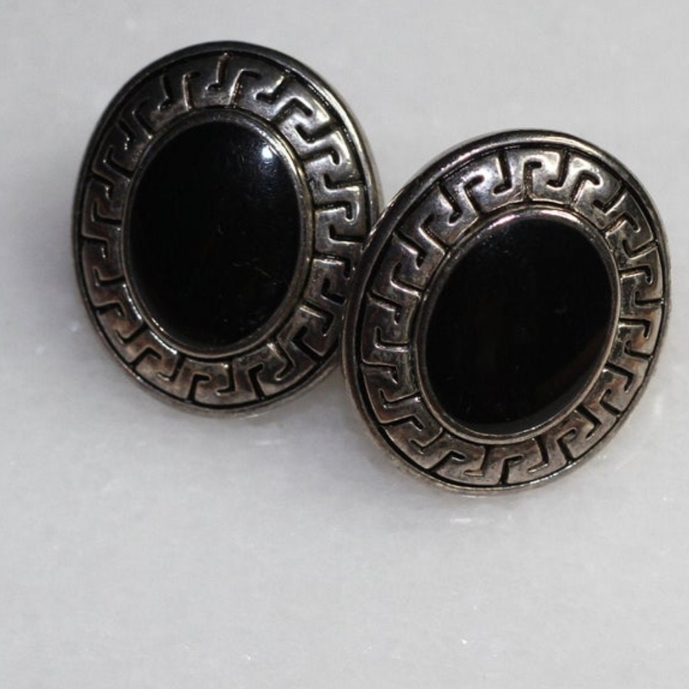 Black Silver Oval Earrings